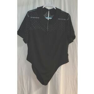 SHEIN Plus Size Grid Rhinestone Sheer Mesh Peter Pan Collar Bodysuit Black 2XL